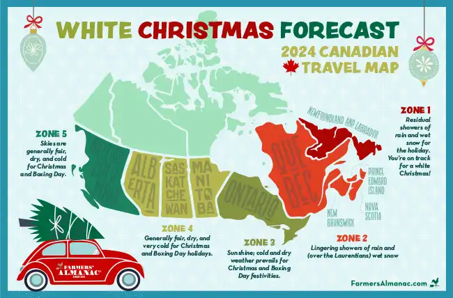 White Christmas Forecast map for 2024 by Farmers' Almanac.