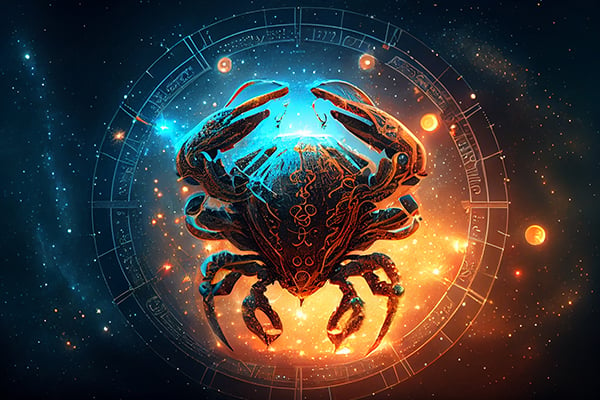 A giant crab glowing in space representing the zodiac sign cancer.