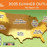 Farmers' Almanac Summer 2025 weather predictions map for the United States.