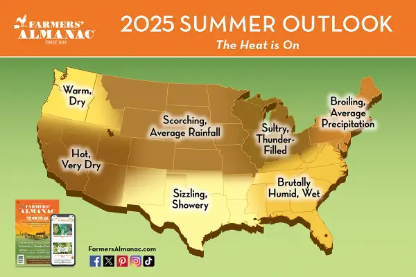 Farmers' Almanac Summer 2025 weather predictions map for the United States.