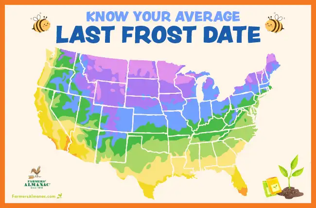 Last Frost Date map for the United States showing average last frost dates according to color with red being in the south and purple in the north.